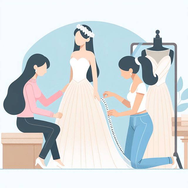 Bride selecting a bustle style for her wedding dress