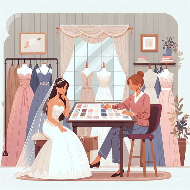 Bride consulting with seamstress about wedding dress bustle options