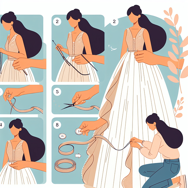 Seamstress customizing a wedding dress bustle with buttons and ribbons