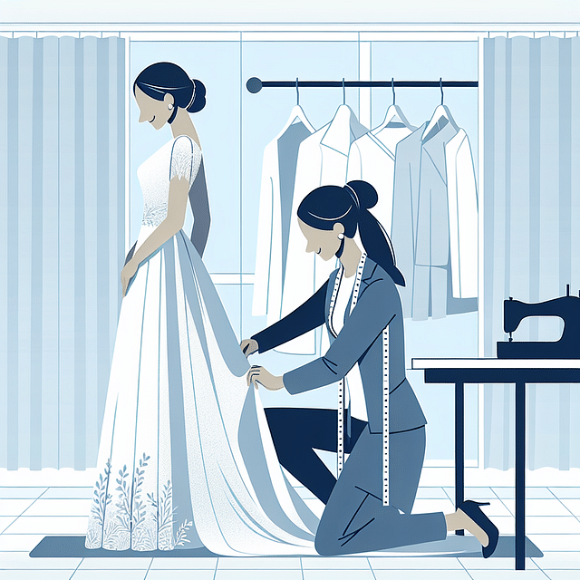 Final confirmation of a wedding dress bustle with a seamstress