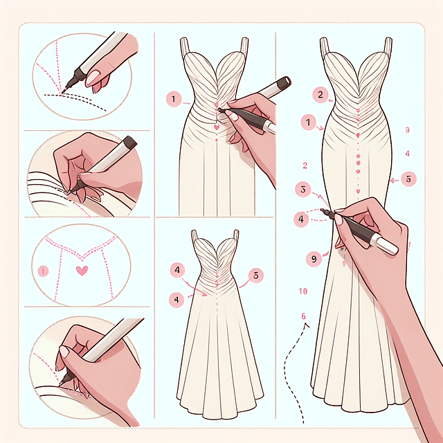 marking points on a wedding dress for a bustle