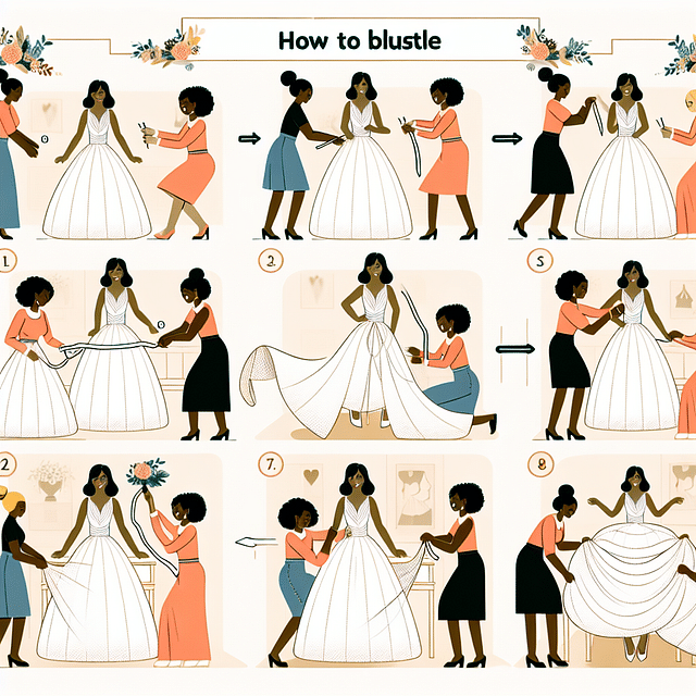 practicing how to bustle a wedding dress
