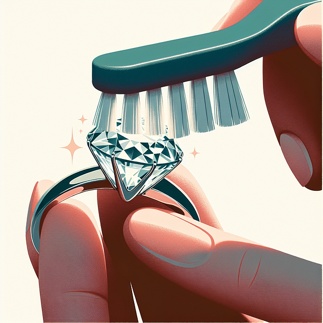 a soft-bristled toothbrush gently cleaning a diamond ring