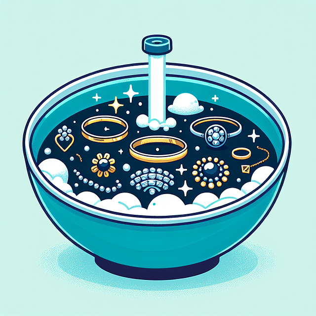 a bowl of soapy water with jewelry soaking inside