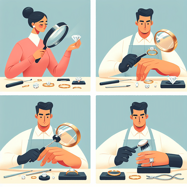 a jeweler inspecting and cleaning rings with professional tools