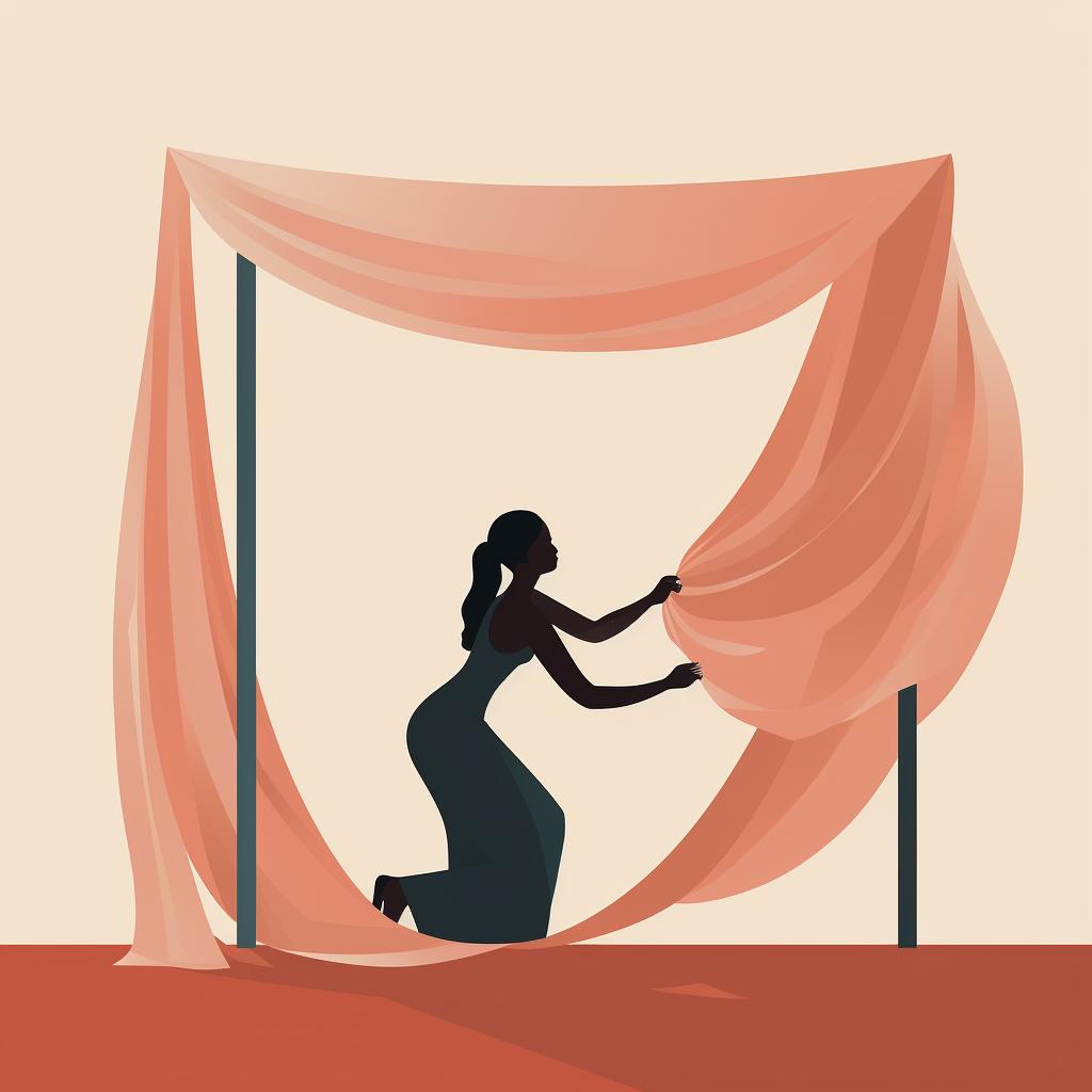 A person adjusting the draped fabric on a wedding arch