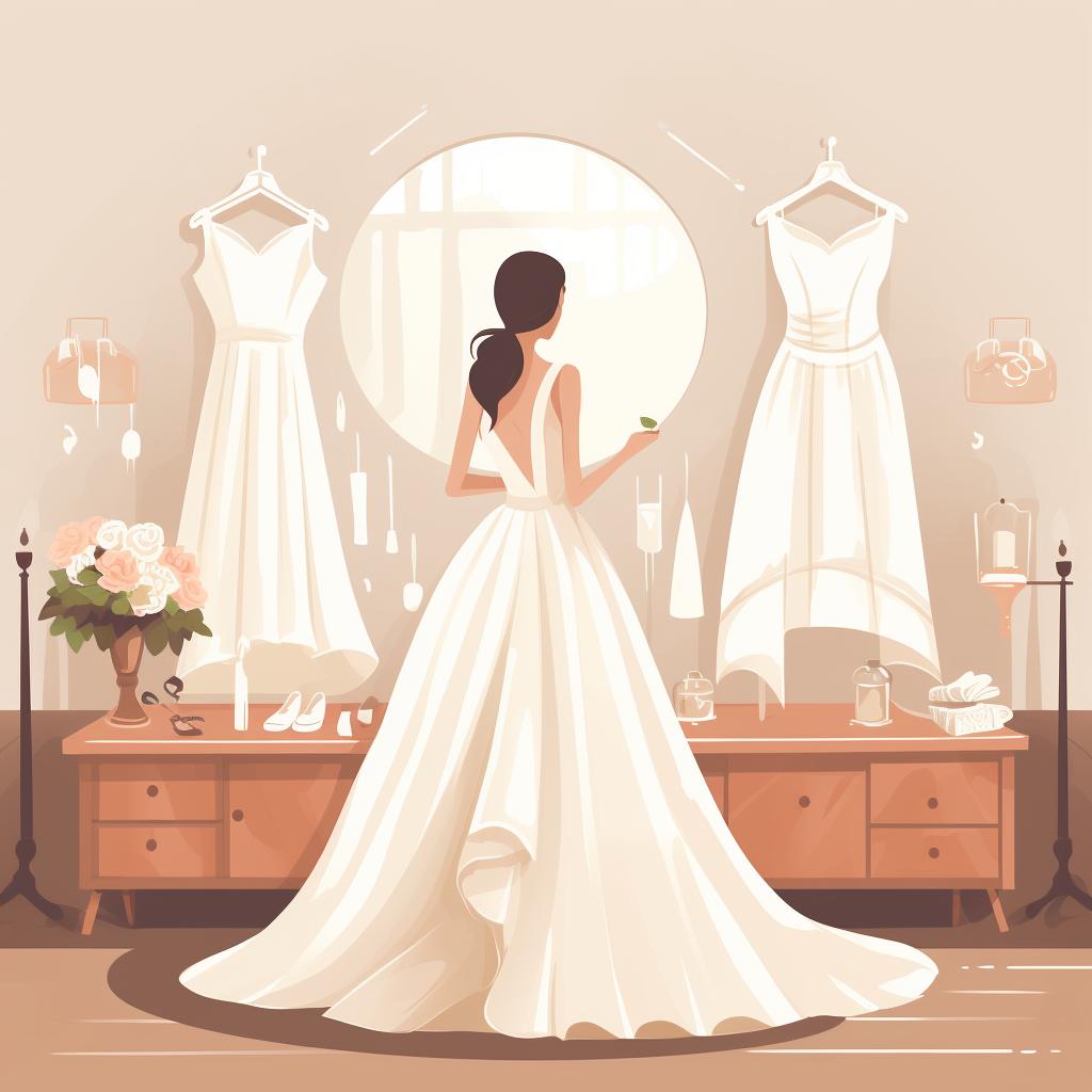 Bride trying on wedding dress in boutique