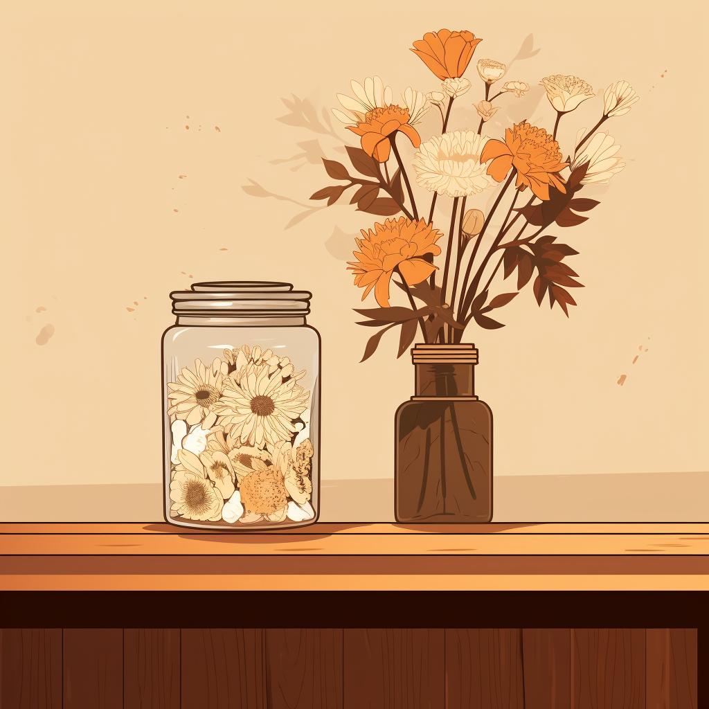 A sealed jar filled with dried wedding flowers placed on a shelf.