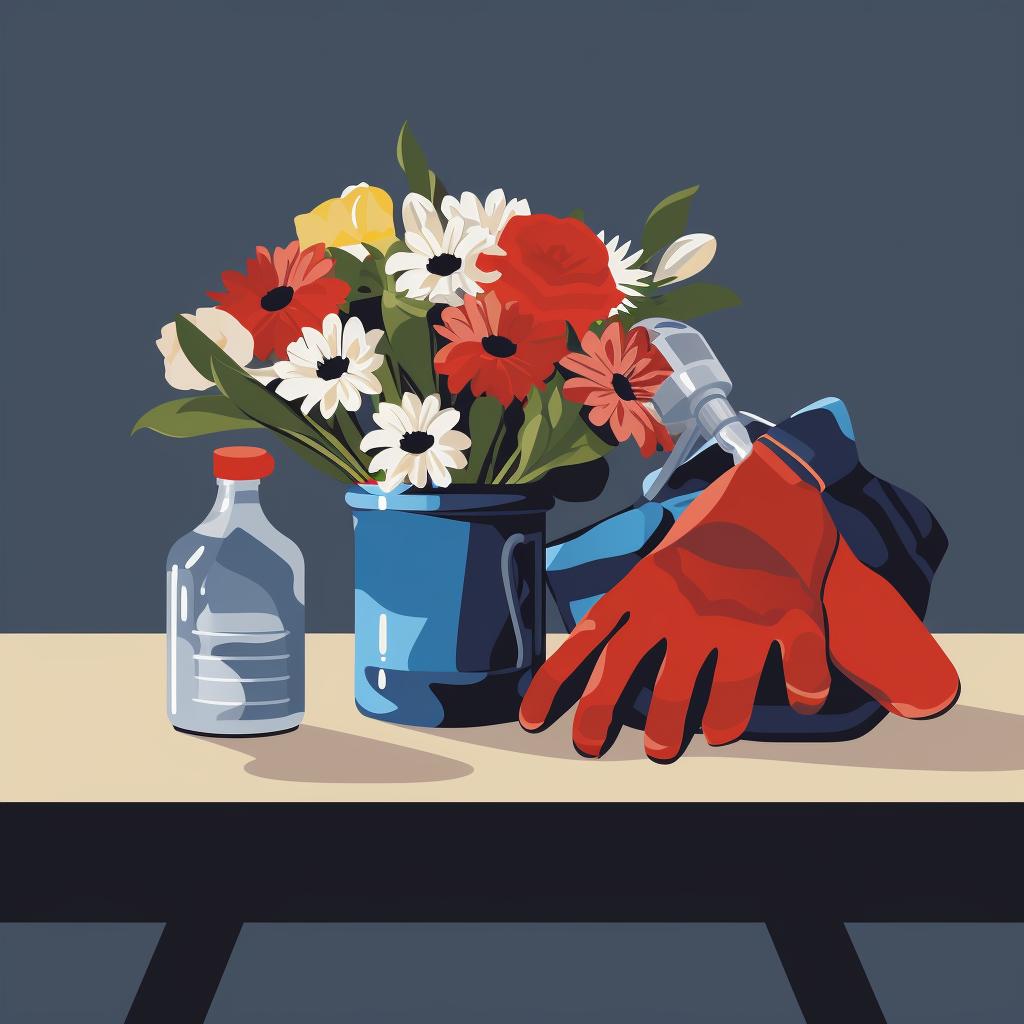 A pair of gloves, a bouquet, a container, antifreeze, and water on a table.
