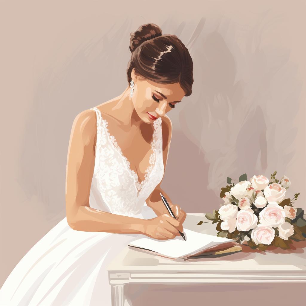 A bride writing down her wedding dress budget on a notebook