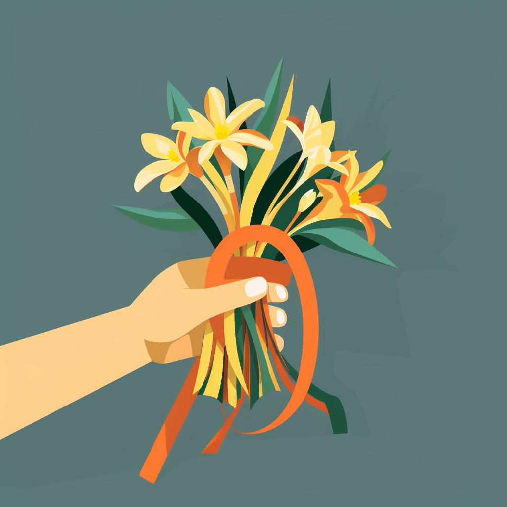 A rubber band being wrapped around the stems of a bouquet.