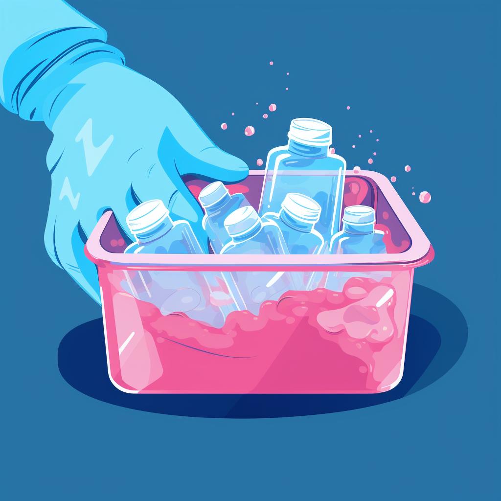 Hands with gloves stirring a mixture of water and antifreeze in a container.