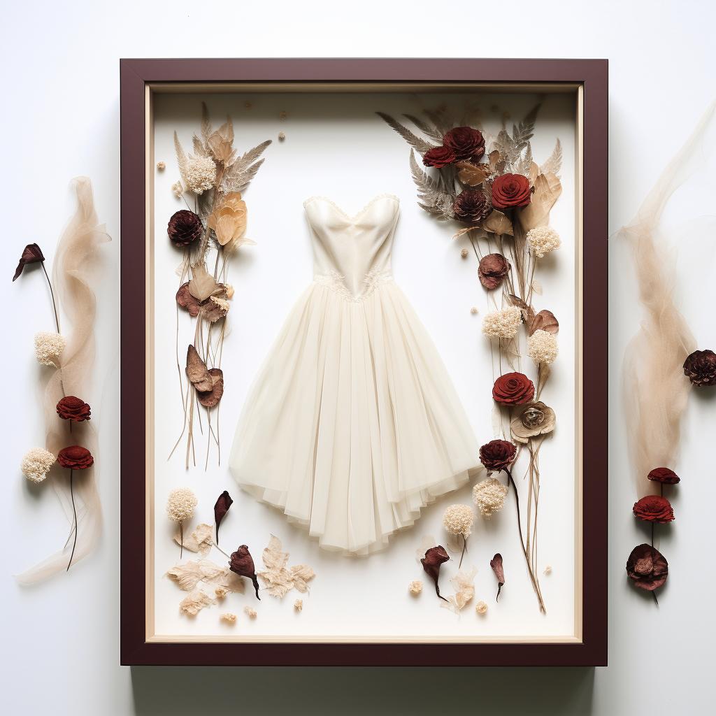 Shadow box with dried flowers, wedding invitation and a piece of veil