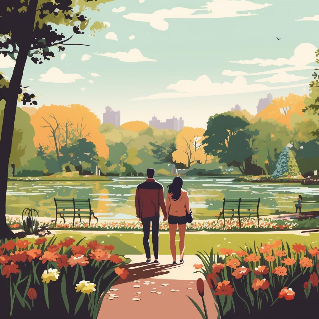 A couple looking at a beautiful public park as a potential wedding venue.