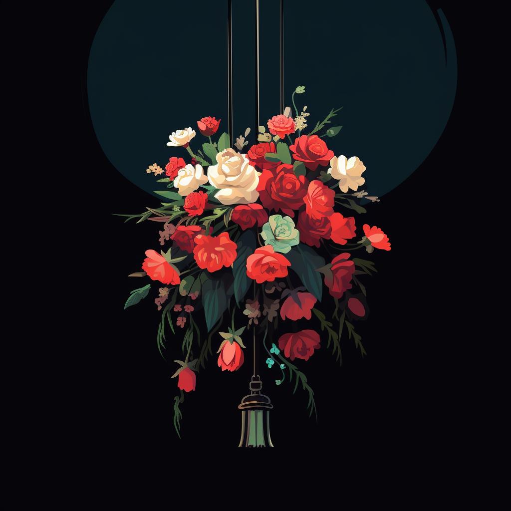 A bouquet hanging upside down in a dark closet.
