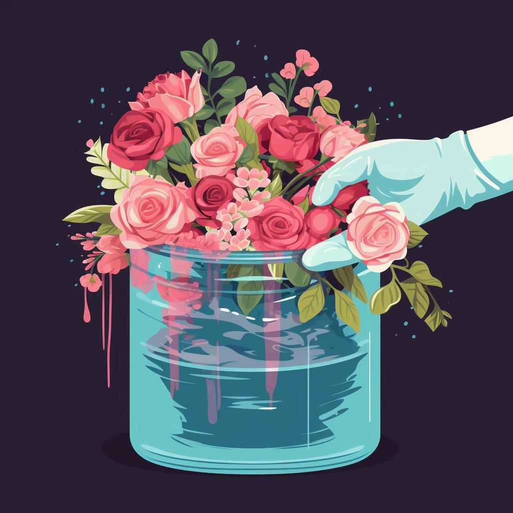 A hand with a glove submerging a wedding bouquet into a container filled with a mixture of water and antifreeze.