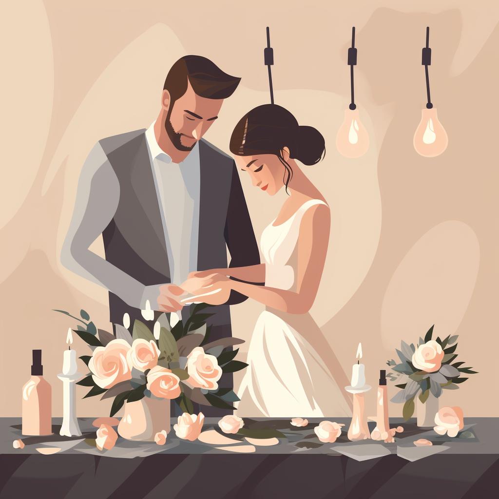 A bride and groom creating DIY wedding decor.