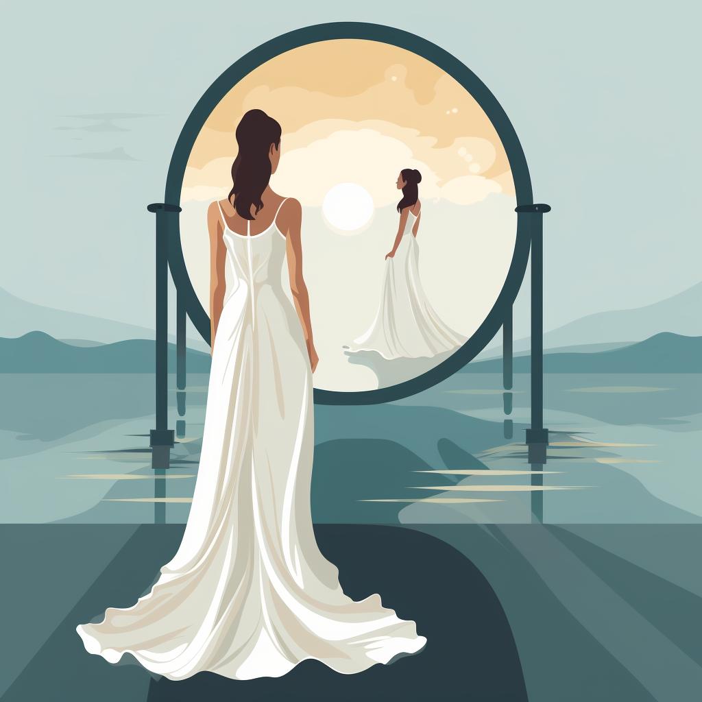 A bride looking at herself in the mirror, wearing her chosen wedding dress
