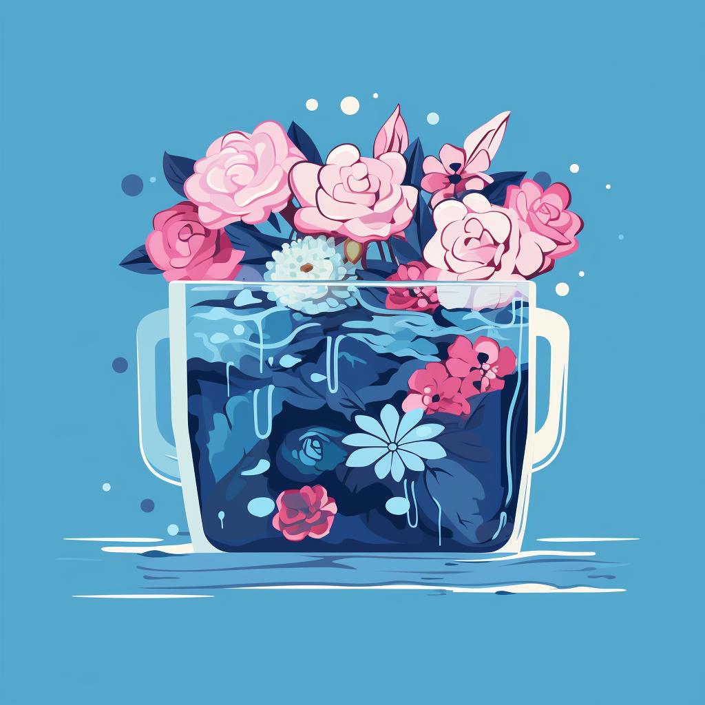 A wedding bouquet submerged in a container filled with a mixture of water and antifreeze.